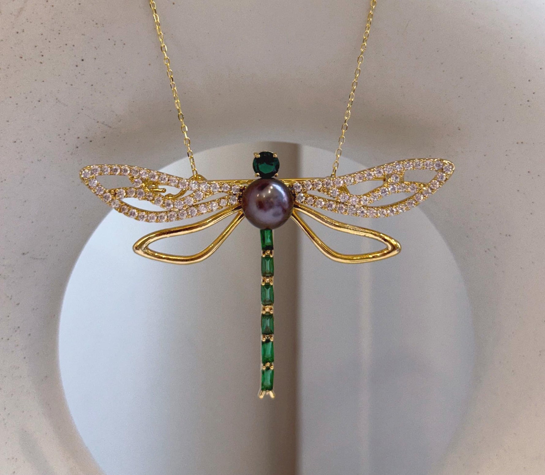 Elly’s Tahitian peacock purple Ocean Pearl dragonfly Brooch pendant 2in1: Extreme luster mirrored, 8.6mm, 6.2x4.4cm, gift for her anniversary