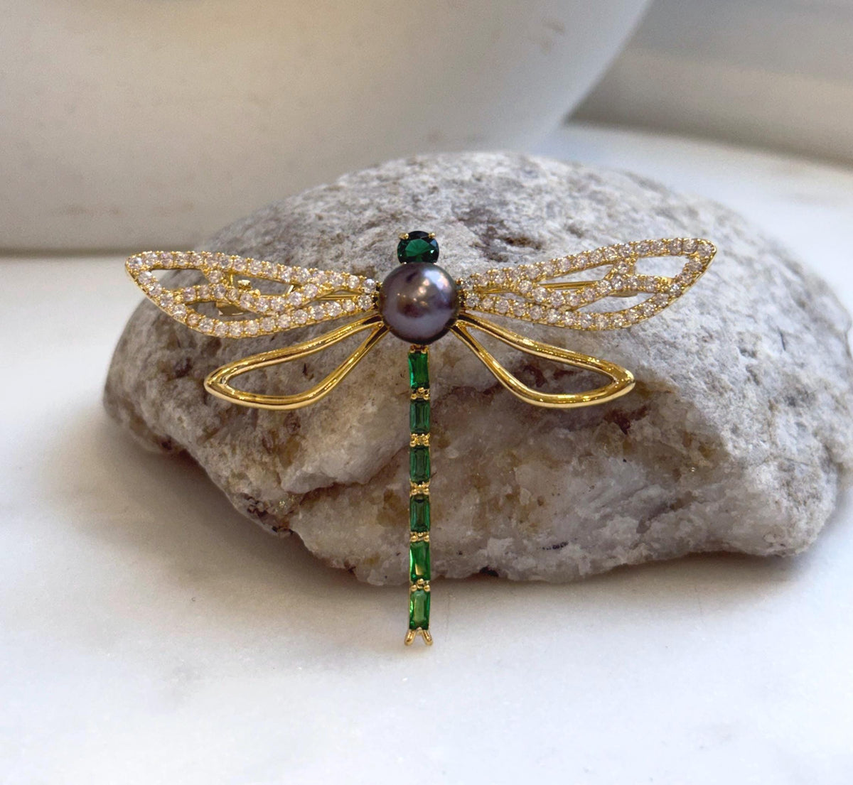 Elly’s Tahitian peacock purple Ocean Pearl dragonfly Brooch pendant 2in1: Extreme luster mirrored, 8.6mm, 6.2x4.4cm, gift for her holiday