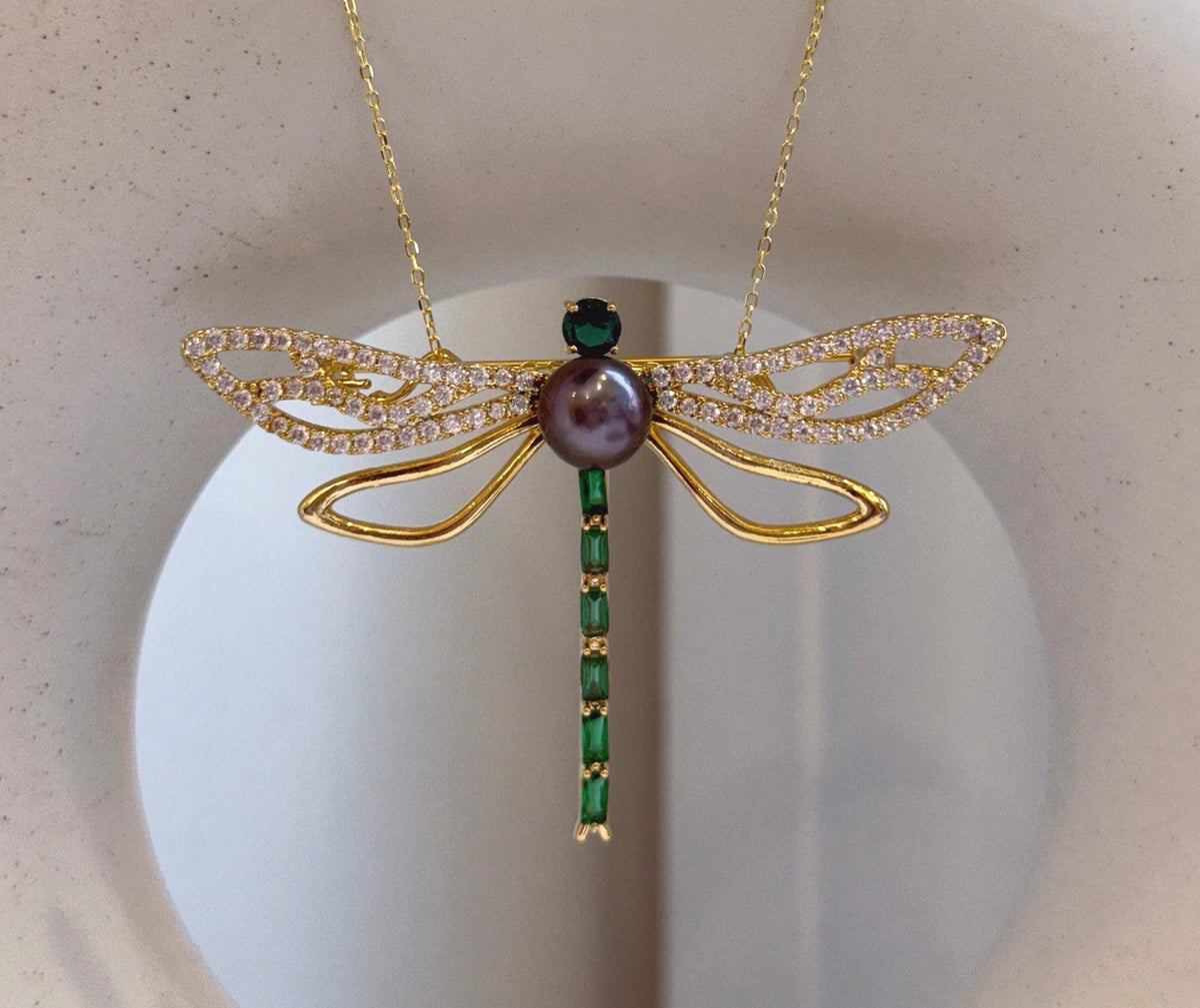 Elly’s Tahitian peacock purple Ocean Pearl dragonfly Brooch pendant 2in1: Extreme luster mirrored, 8.6mm, 6.2x4.4cm, gift for her party