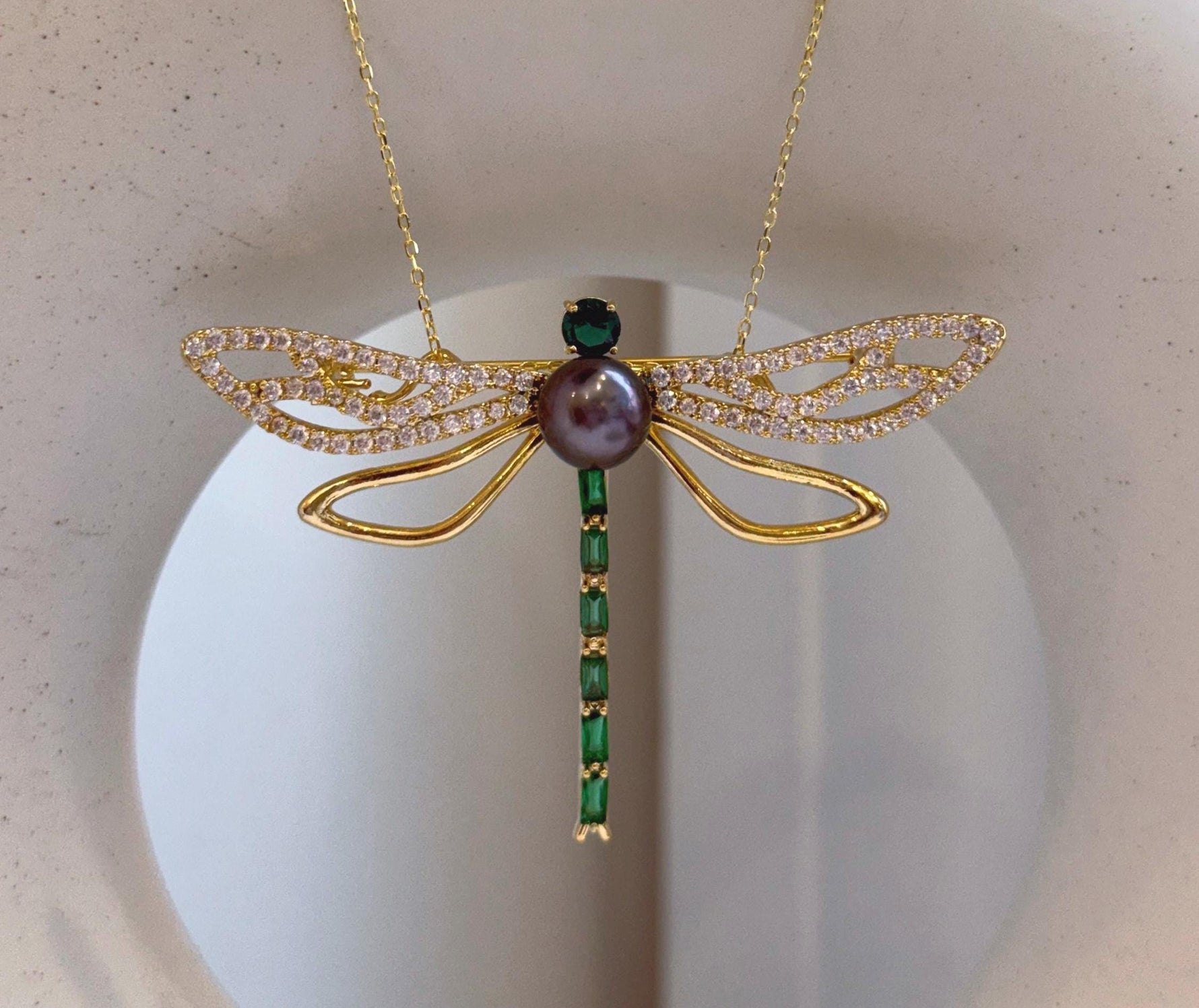 Elly’s Tahitian peacock purple Ocean Pearl dragonfly Brooch pendant 2in1: Extreme luster mirrored, 8.6mm, 6.2x4.4cm, gift for her party