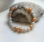 Elly’s 19pcs 8-10.2mm Natural Sunset peach gold White Edison Pearls Bracelet: Extreme luster mirrored, 8” knotted, S925 silver Bracelet. daily office colored pearls bracelet
