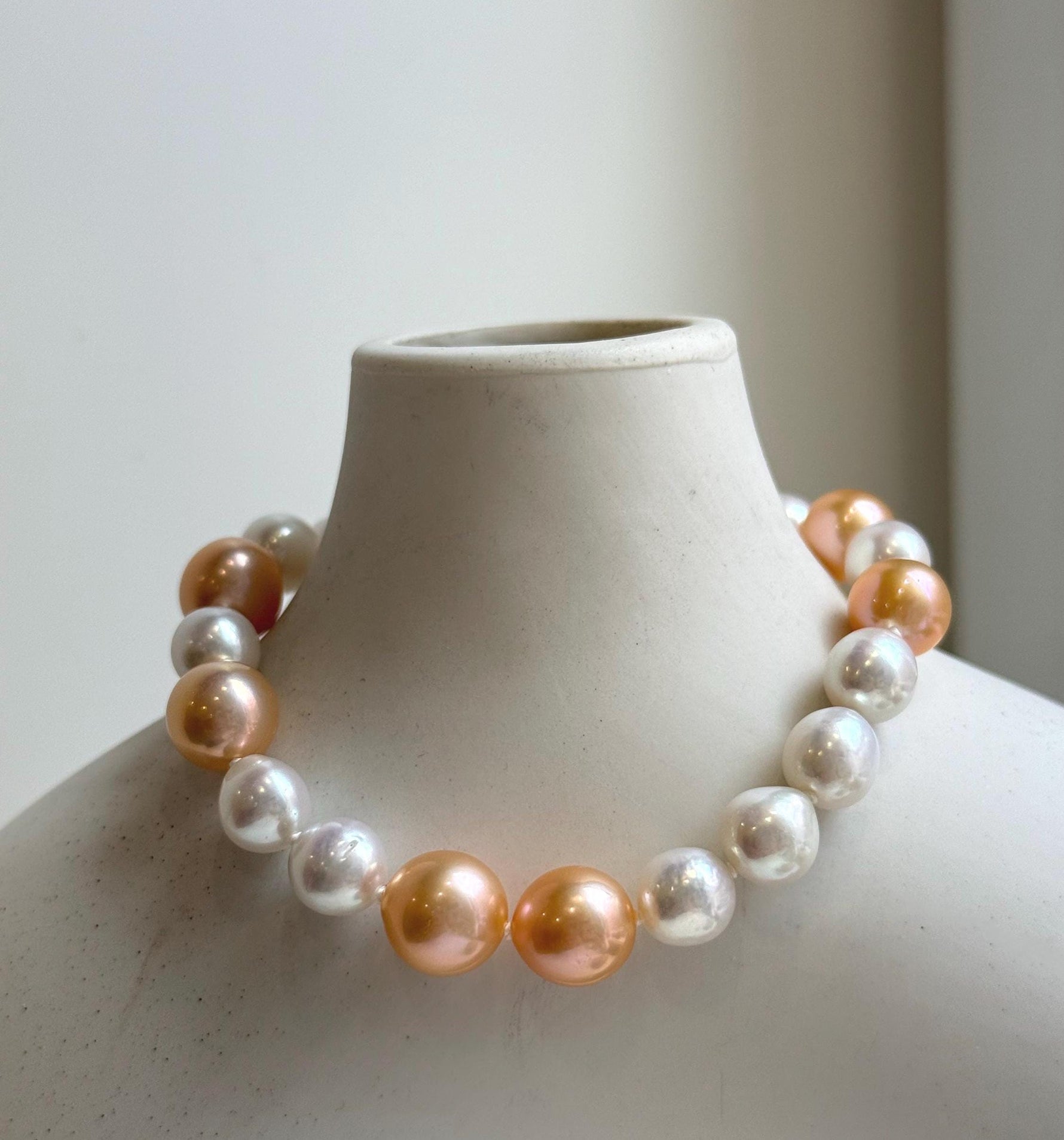 Elly’s 19pcs 8-10.2mm Natural Sunset peach gold White Edison Pearls Bracelet: Extreme luster mirrored, 8” knotted, S925 silver Bracelet. daily office colored pearls bracelet