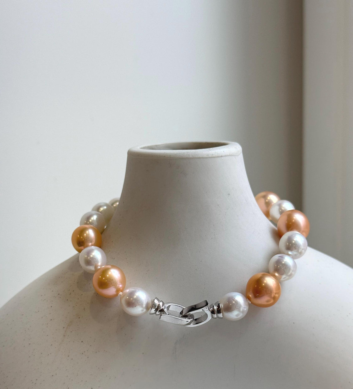 Elly’s 19pcs 8-10.2mm Natural Sunset peach gold White Edison Pearls Bracelet: Extreme luster mirrored, 8” knotted, S925 silver Bracelet. daily office colored pearls bracelet