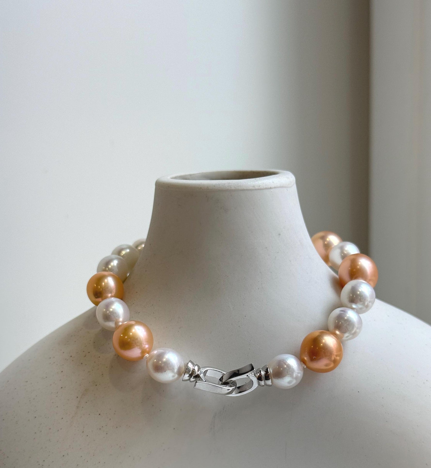 Elly’s 19pcs 8-10.2mm Natural Sunset peach gold White Edison Pearls Bracelet: Extreme luster mirrored, 8” knotted, S925 silver Bracelet. daily office colored pearls bracelet