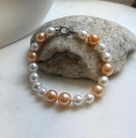 Elly’s 19pcs 8-10.2mm Natural Sunset peach gold White Edison Pearls Bracelet: Extreme luster mirrored, 8” knotted, S925 silver Bracelet. daily office colored pearls bracelet