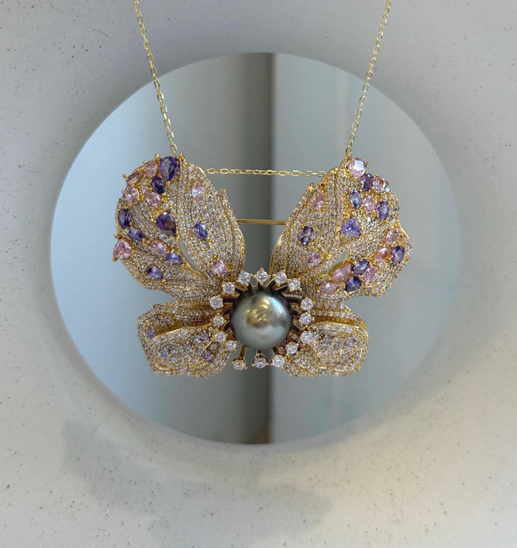 Elly’s Tahitian olive gold Ocean Pearl butterfly Brooch pendant 2in1: Extreme luster mirrored, 9.1mm, 5x4cm, no chain. gift for her