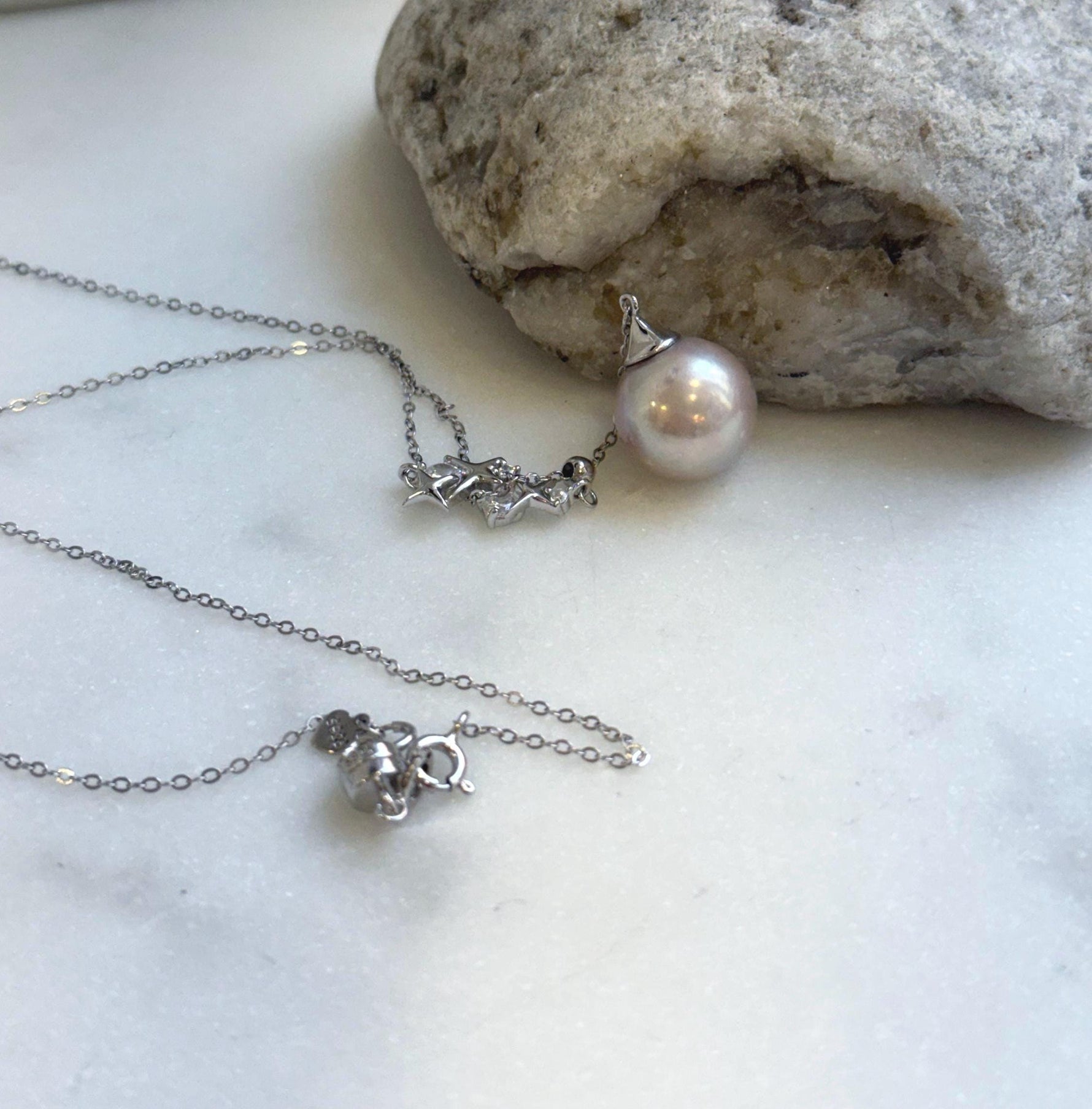 Elly’s 13.1mm Rose Edison Pearl pendant necklace set: Extreme luster mirrored, S925 silver Star Y-Lariat chain set. gift for her