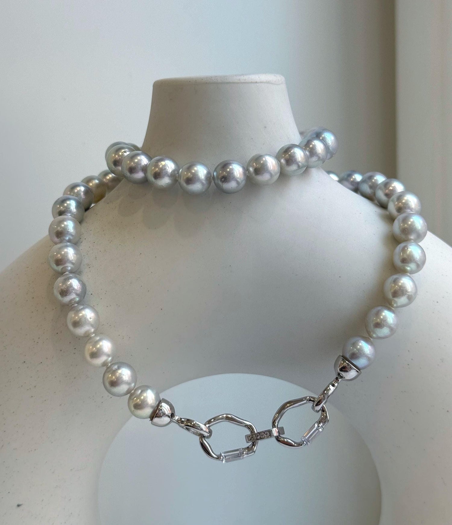 Elly’s 48pcs 8.1-8.5mm Akoya natural blue silver ocean pearls necklace strand, extreme luster mirrored, 18.2” knotted, S925 silver necklace. gift for her holiday