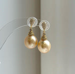 Elly’s 12.2mm South sea golden ocean Pearls Earrings: Extreme luster mirrored, 2.9cm high, S925 silver earrings chandeliers. gift for her