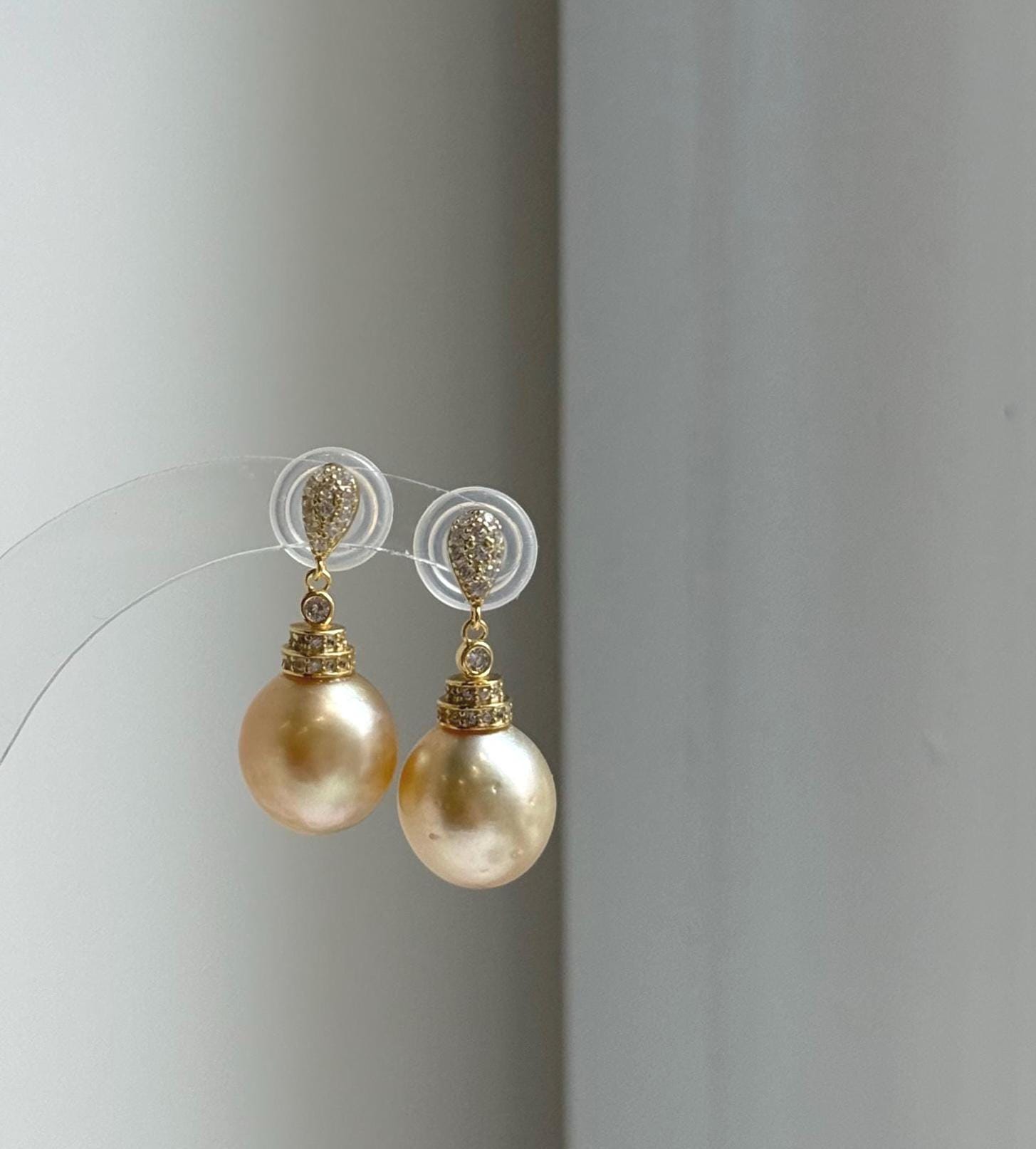 Elly’s 12.2mm South sea golden ocean Pearls Earrings: Extreme luster mirrored, 2.9cm high, S925 silver earrings chandeliers. gift for her daily golden pearls earrings
