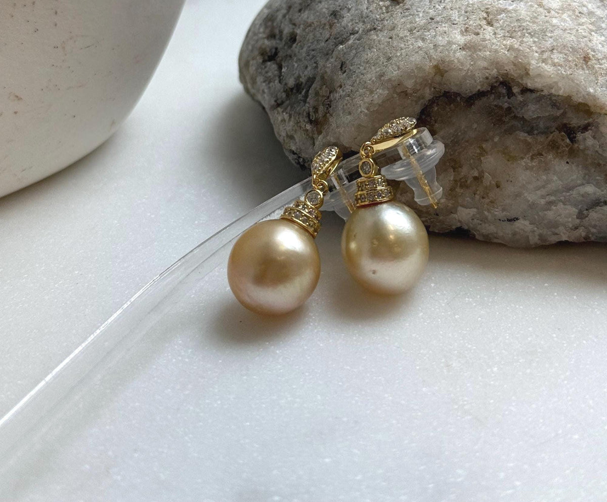 Elly’s 12.2mm South sea golden ocean Pearls Earrings: Extreme luster mirrored, 2.9cm high, S925 silver earrings chandeliers. gift for her daily golden pearls earrings
