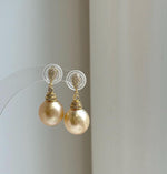 Elly’s 12.2mm South sea golden ocean Pearls Earrings: Extreme luster mirrored, 2.9cm high, S925 silver earrings chandeliers. gift for her daily golden pearls earrings