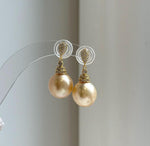 Elly’s 12.2mm South sea golden ocean Pearls Earrings: Extreme luster mirrored, 2.9cm high, S925 silver earrings chandeliers. gift for her daily golden pearls earrings