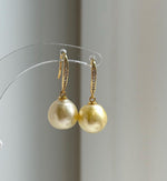Elly’s 11.2mm Genius South sea golden ocean Pearls Earrings hooks: Extreme luster mirrored, 2.9cm high, S925 silver earrings. daily office golden pearls earrings