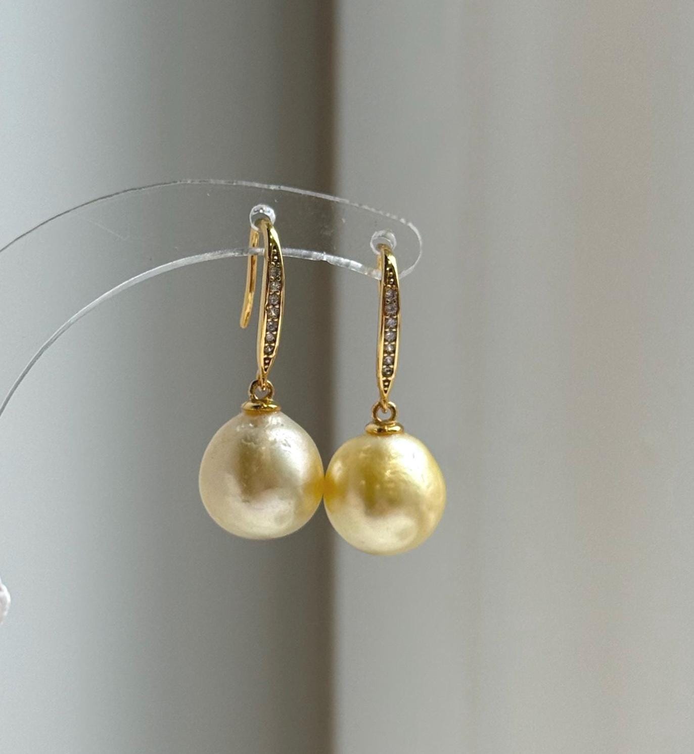 Elly’s 11.2mm Genius South sea golden ocean Pearls Earrings hooks: Extreme luster mirrored, 2.9cm high, S925 silver earrings. daily office golden pearls earrings