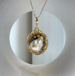 Elly’s White iridescent Freshwater baroque Pearl Gold foiled Vintage Brooch pendant 2in1: Extreme luster, 3x4.8cm, gift for her birthday