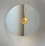 Elly’s 13.4x14.7mm South Sea ultra Golden ocean pearl Pendant: Strong luster, 2.4cm high, S925 Silver minimalist pendant Chain Set.gift for her