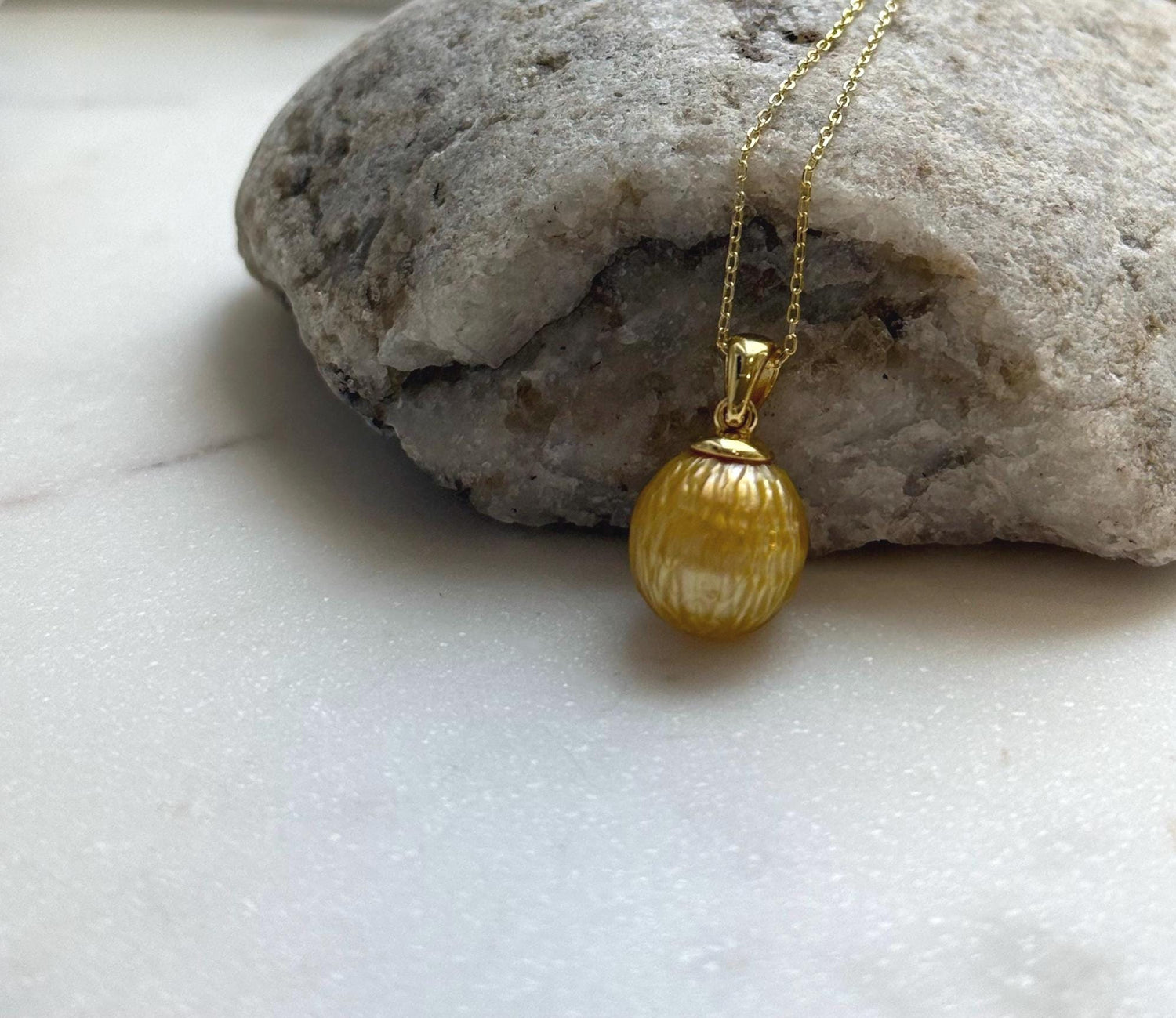 Elly’s 12mm South Sea deep Golden Carved ocean Pearl pendant: Extreme luster, 2cm high, S925 silver chain set. gift for her