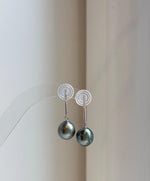 Elly’s 10.4mm Tahitian Peacock green hunter ocean pearls earrings: Extreme luster mirrored, S925 silver fireworks earrings. Pearl jewelry. gift for her