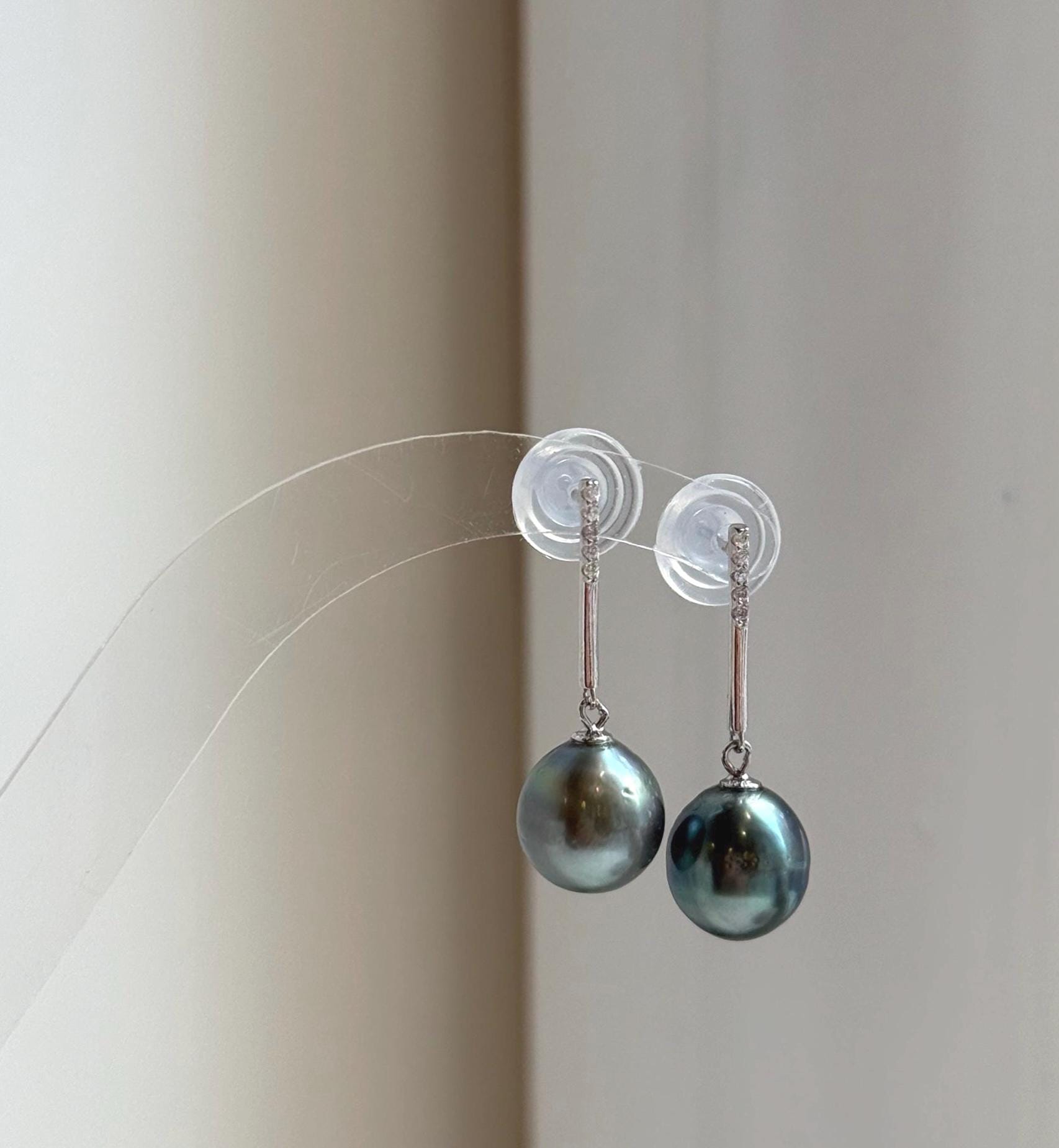 Elly’s 10.4mm Tahitian Peacock green hunter ocean pearls earrings: Extreme luster mirrored, S925 silver fireworks earrings. Pearl jewelry. gift for her daily office black earrings