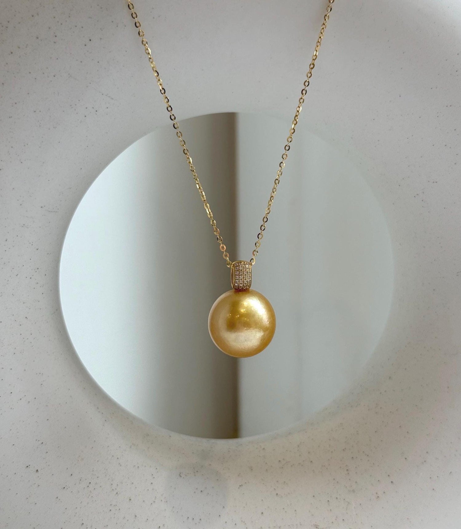 Elly’s 14.2mm Au750 18K Gold Huge Genius South Sea deep Golden Ocean Pearl Pendant: Extreme luster mirrored effect, 18k real gold pendant. elegant golden pearl pendant for her