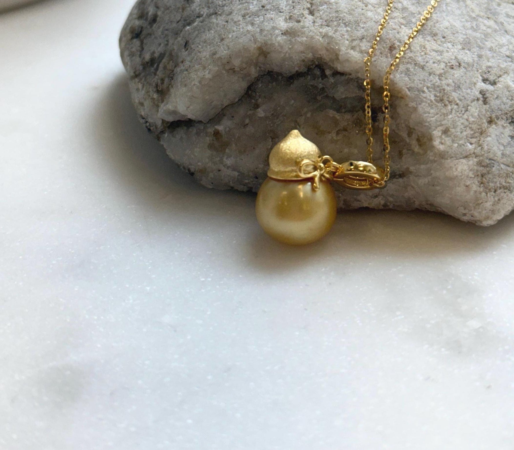 Elly’s 12.8mm South Sea Golden ocean Pearl Gourd pendant: Strong luster, 1.8cm high, S925 silver chain set. gift for her