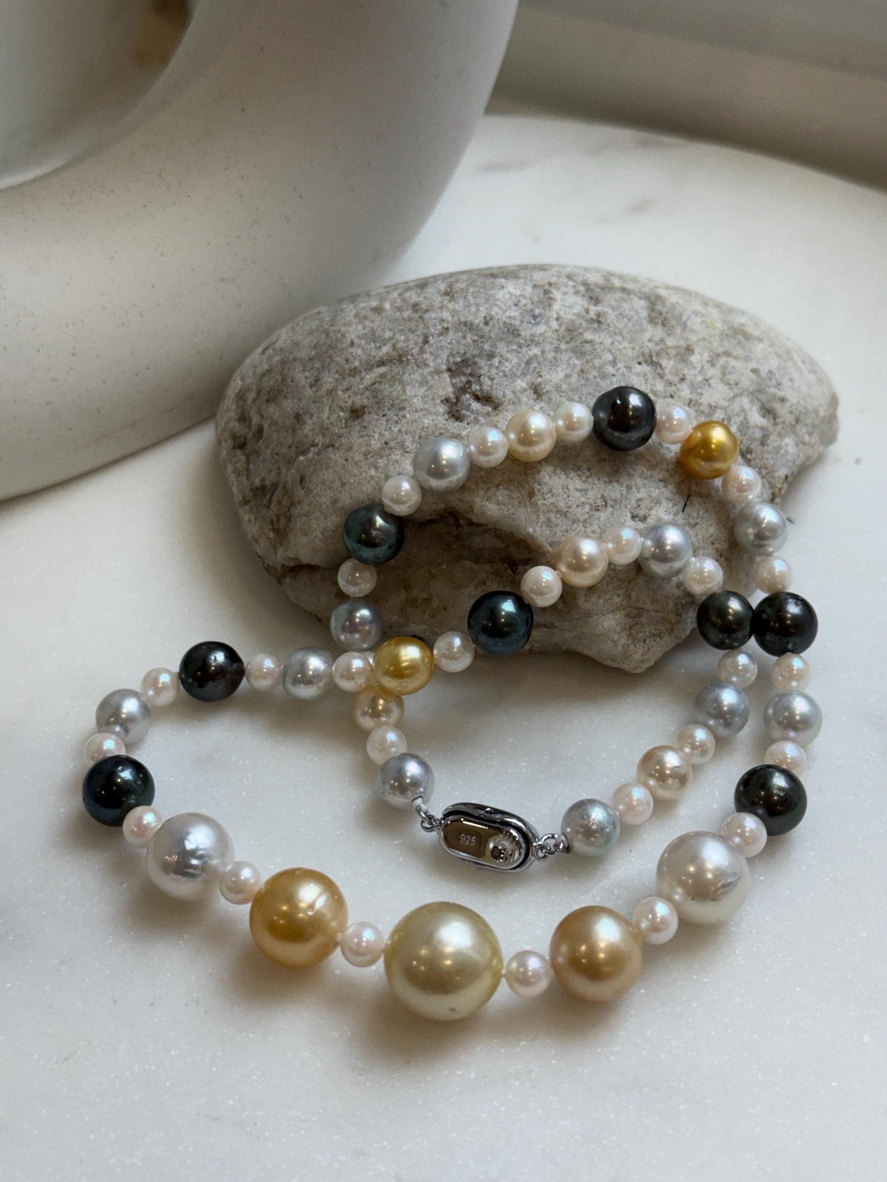 Elly’s 55pcs Multicolor ocean pearls necklace:Extreme luster mirrored, knotted, 18.7”, S925 silver necklace strand. high quality multicolor ocean pearls necklace strand
