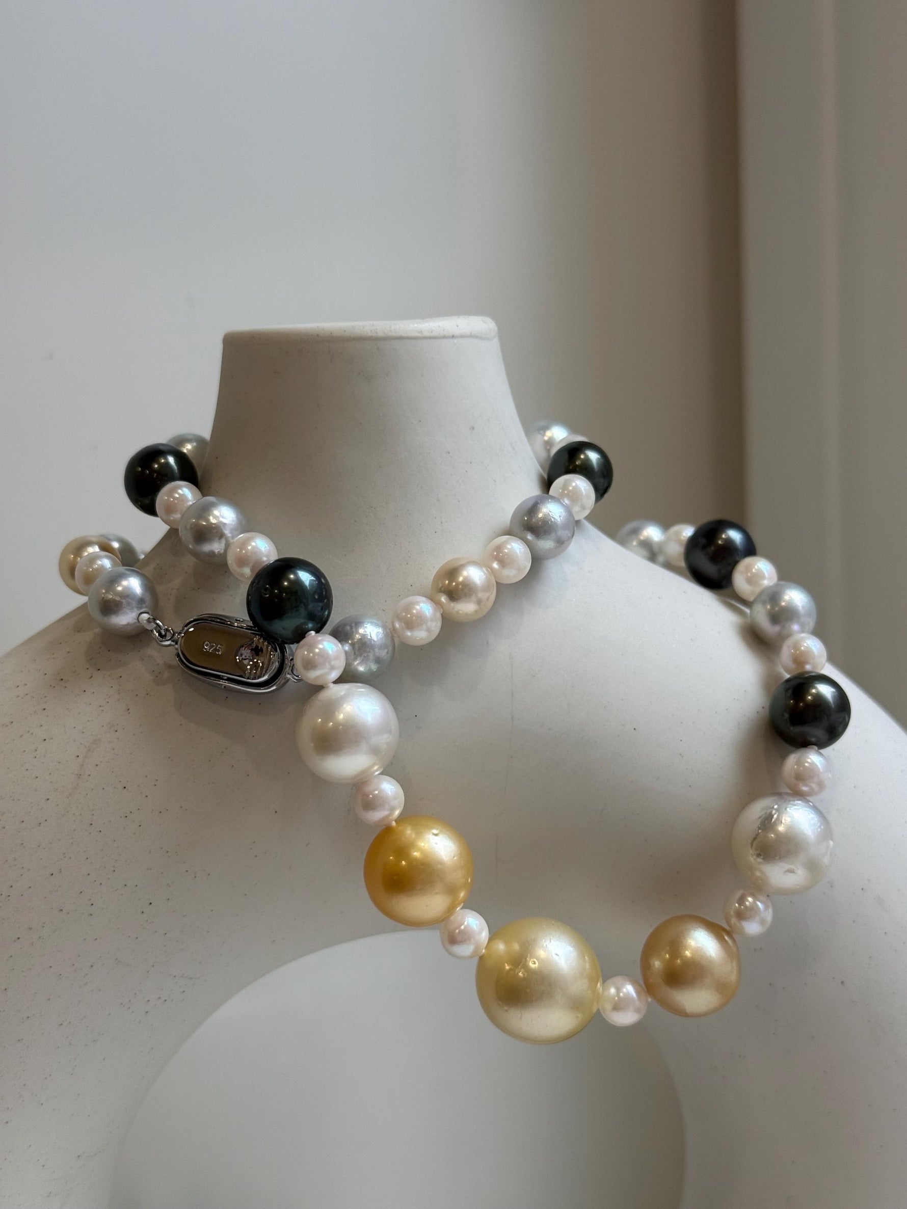 Elly’s 55pcs Multicolor ocean pearls necklace:Extreme luster mirrored, knotted, 18.7”, S925 silver necklace strand. high quality multicolor ocean pearls necklace strand