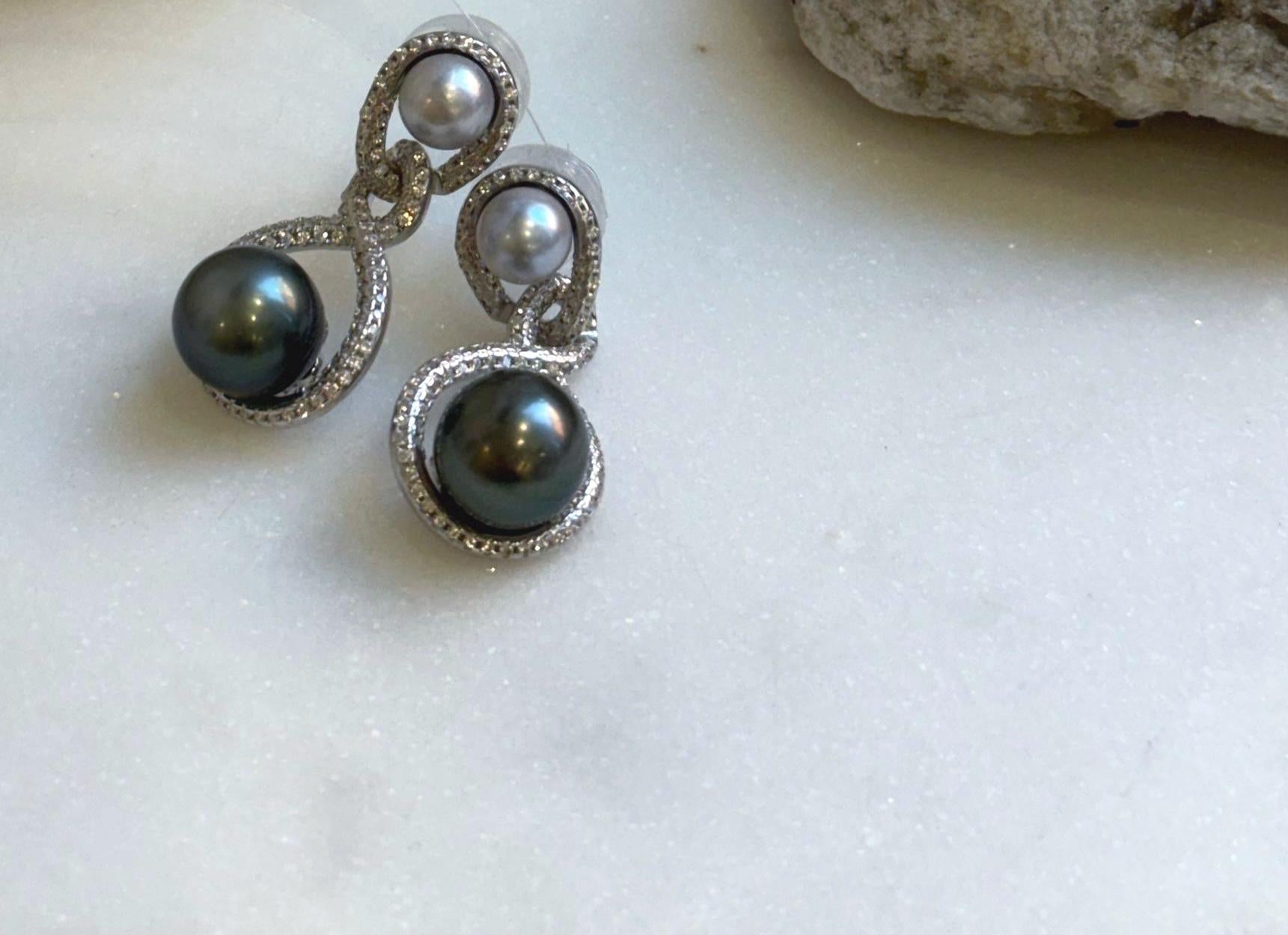 Elly’s 6.5-9.9mm Tahitian Akoya ocean Pearls Earrings Chandeliers: Extreme luster Mirrored,S925 silver cool earrings. gift for her