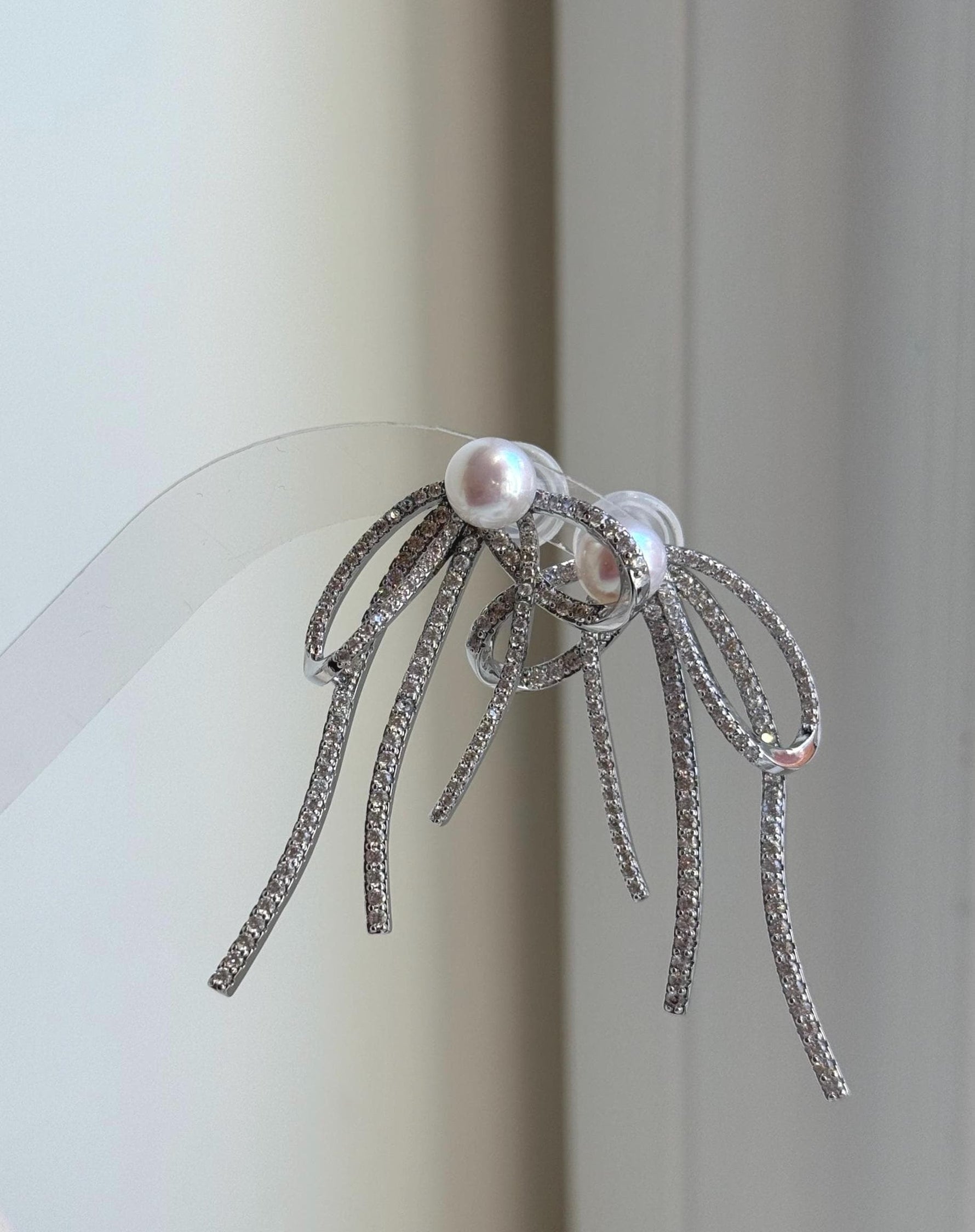 Elly’s 7.7mm white pearls butterfly bow earrings: Extreme luster mirrored, 3x5cm, S925 silver studs copper earrings. Pearl jewelry.