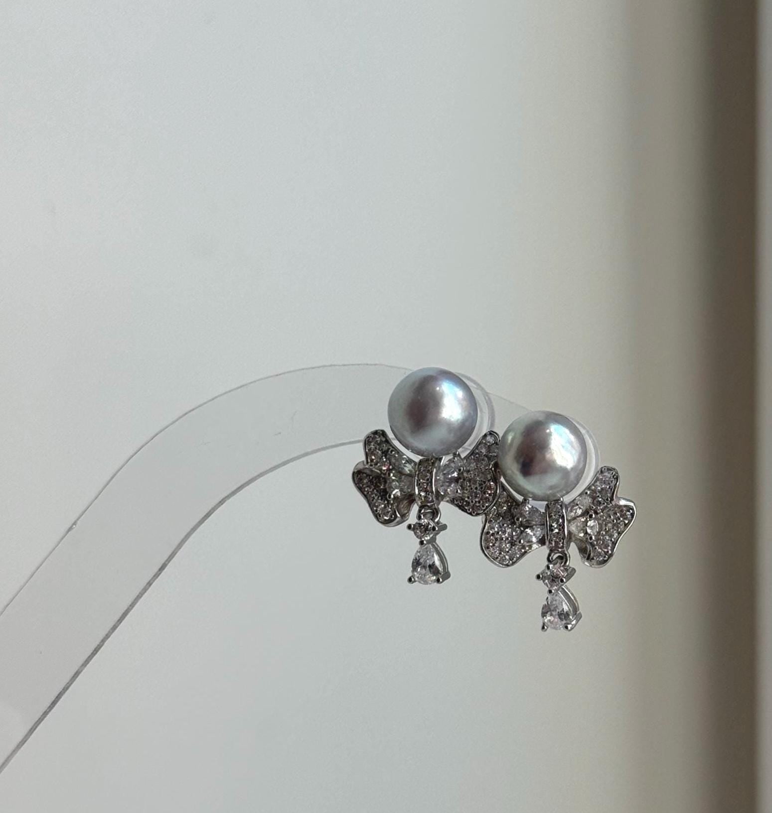 Elly’s Set of 8.6mm Akoya Ocean Pearls Earrings Studs and Jacket: Extreme luster Mirrored, 1.5x2cm, S925 silver Earrings jacket and studs.gift for her