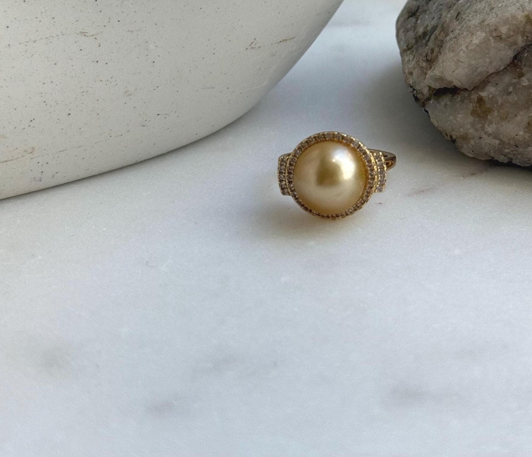Elly’s 11.3mm South sea deep golden ocean pearl Ring: Extreme luster mirrored, S925 silver with gold plated adjustable Vintage Ring. gift for her birthday
