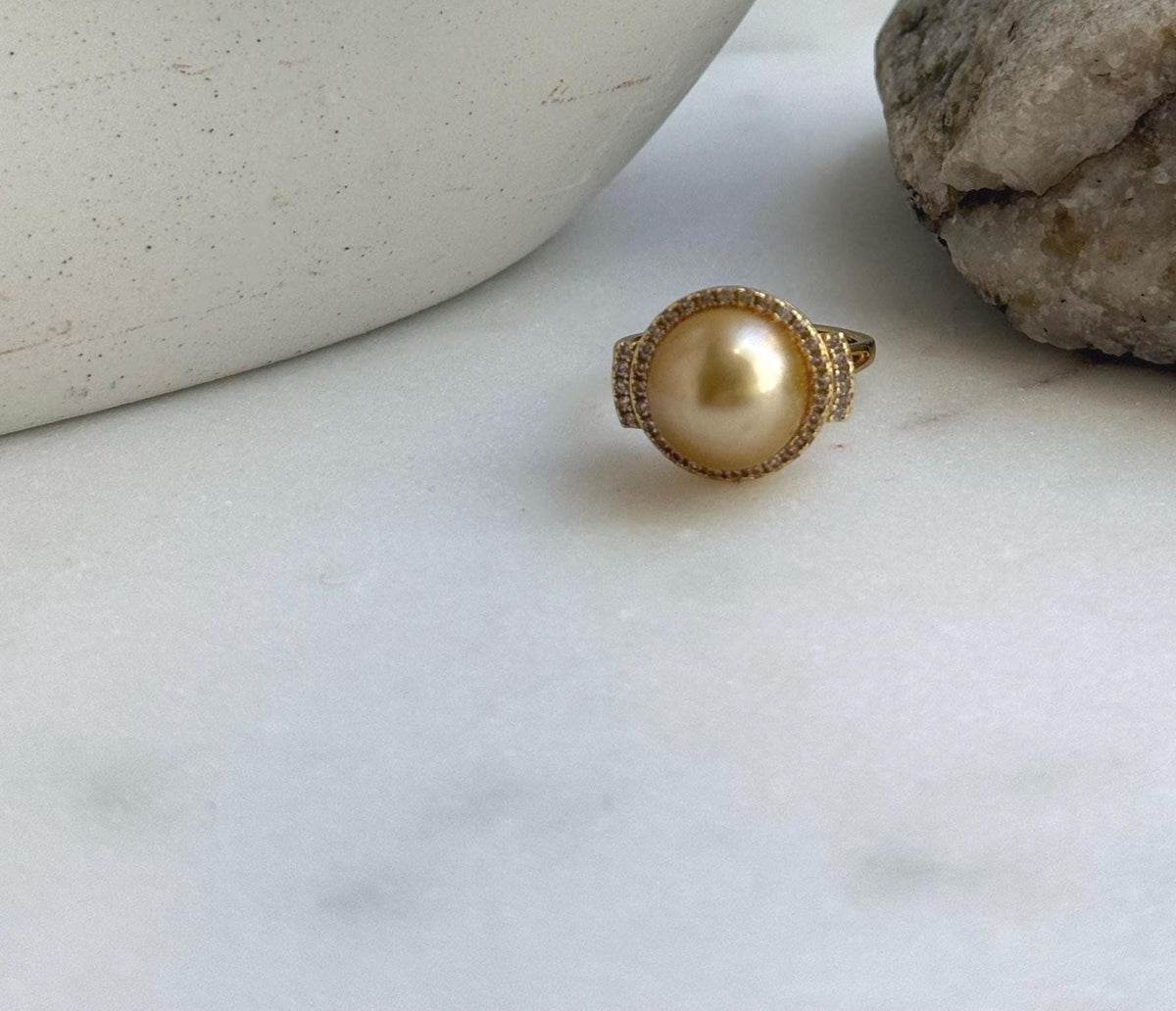 Elly’s 11.3mm South sea deep golden ocean pearl Ring: Extreme luster mirrored, S925 silver with gold plated adjustable Vintage Ring. gift for her anniversary