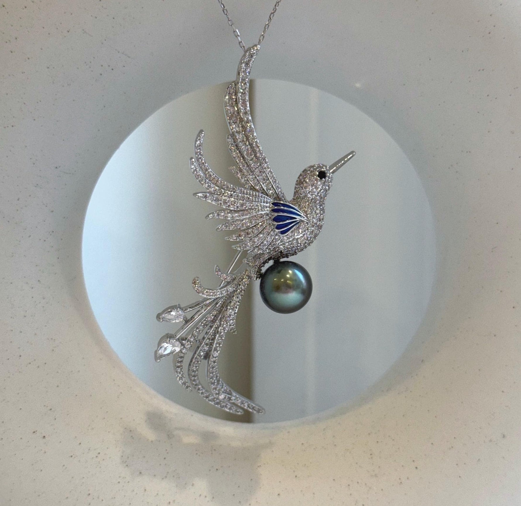 Elly’s Tahitian peacock hunter Ocean Pearl Bird Brooch pendant 2in1: Extreme luster mirrored, 10.5mm, 6.5x6cm, no chain. gift for her