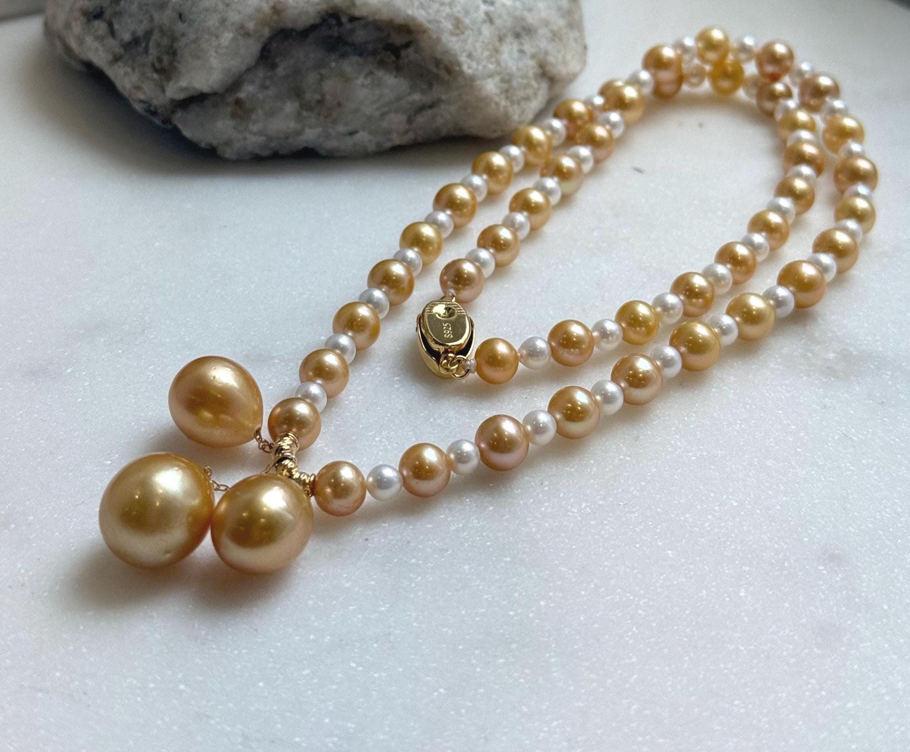 Elly’s 20.1” south sea golden ocean Freshwater Pearls Necklace: Extreme luster mirrored, S925 silver Fancy cool necklace.high quality daily office fancy cool golden pearls necklace