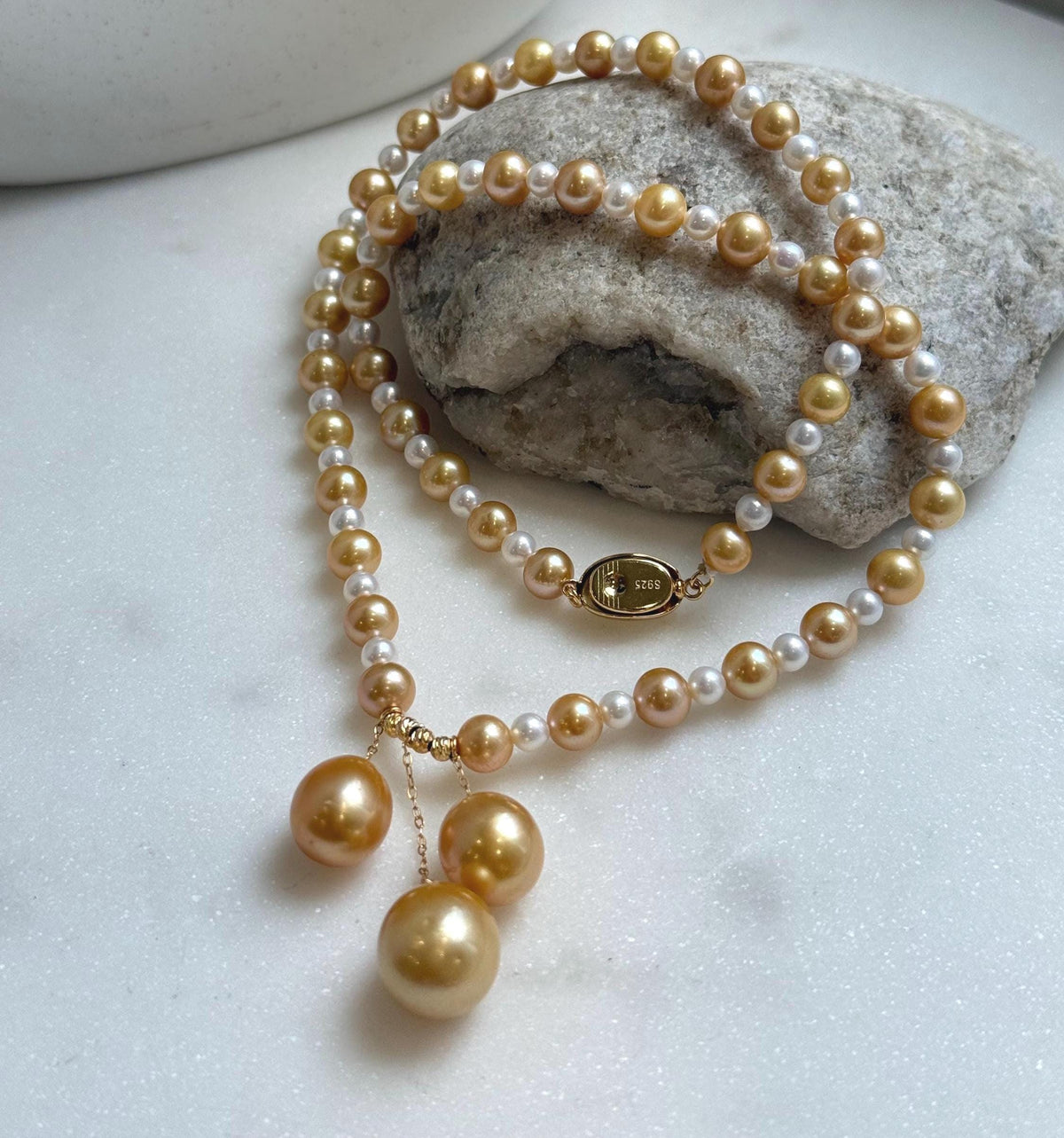 Elly’s 20.1” south sea golden ocean Freshwater Pearls Necklace: Extreme luster mirrored, S925 silver Fancy cool necklace.high quality daily office fancy cool golden pearls necklace