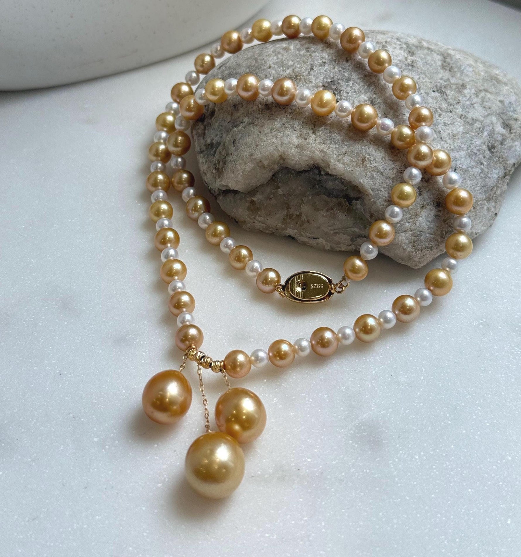 Elly’s 20.1” south sea golden ocean Freshwater Pearls Necklace: Extreme luster mirrored, S925 silver Fancy cool necklace.high quality daily office fancy cool golden pearls necklace