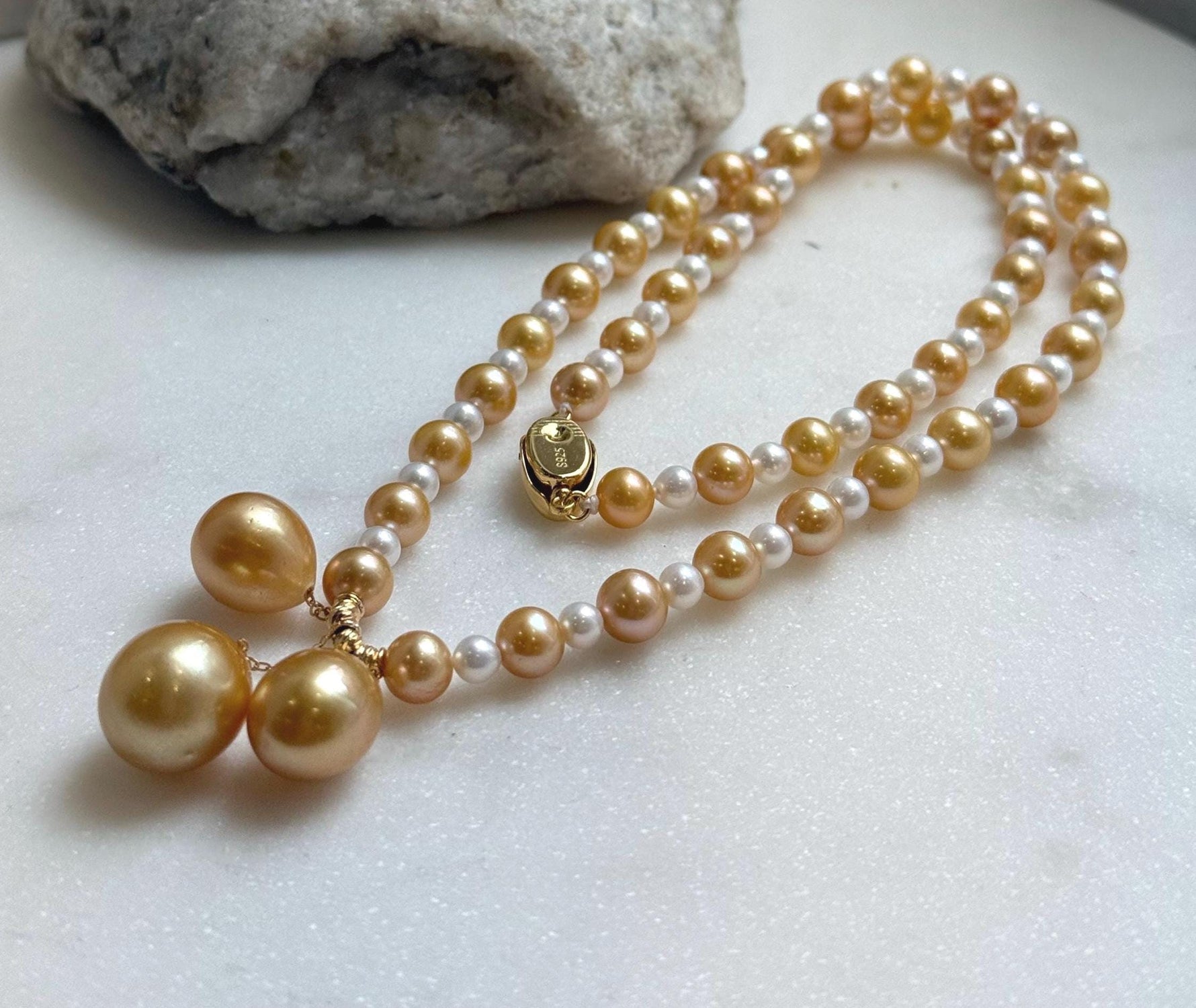 Elly’s 20.1” south sea golden ocean Freshwater Pearls Necklace: Extreme luster mirrored, S925 silver Fancy cool necklace.high quality daily office fancy cool golden pearls necklace