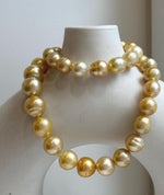 Elly’s 9.4-13.1mm 36pcs Genius natural South sea Golden Ocean Pearls Necklace: Extreme luster, 18.2” knotted, S925 silver necklace strand. high quality south sea golden pearls necklace for her