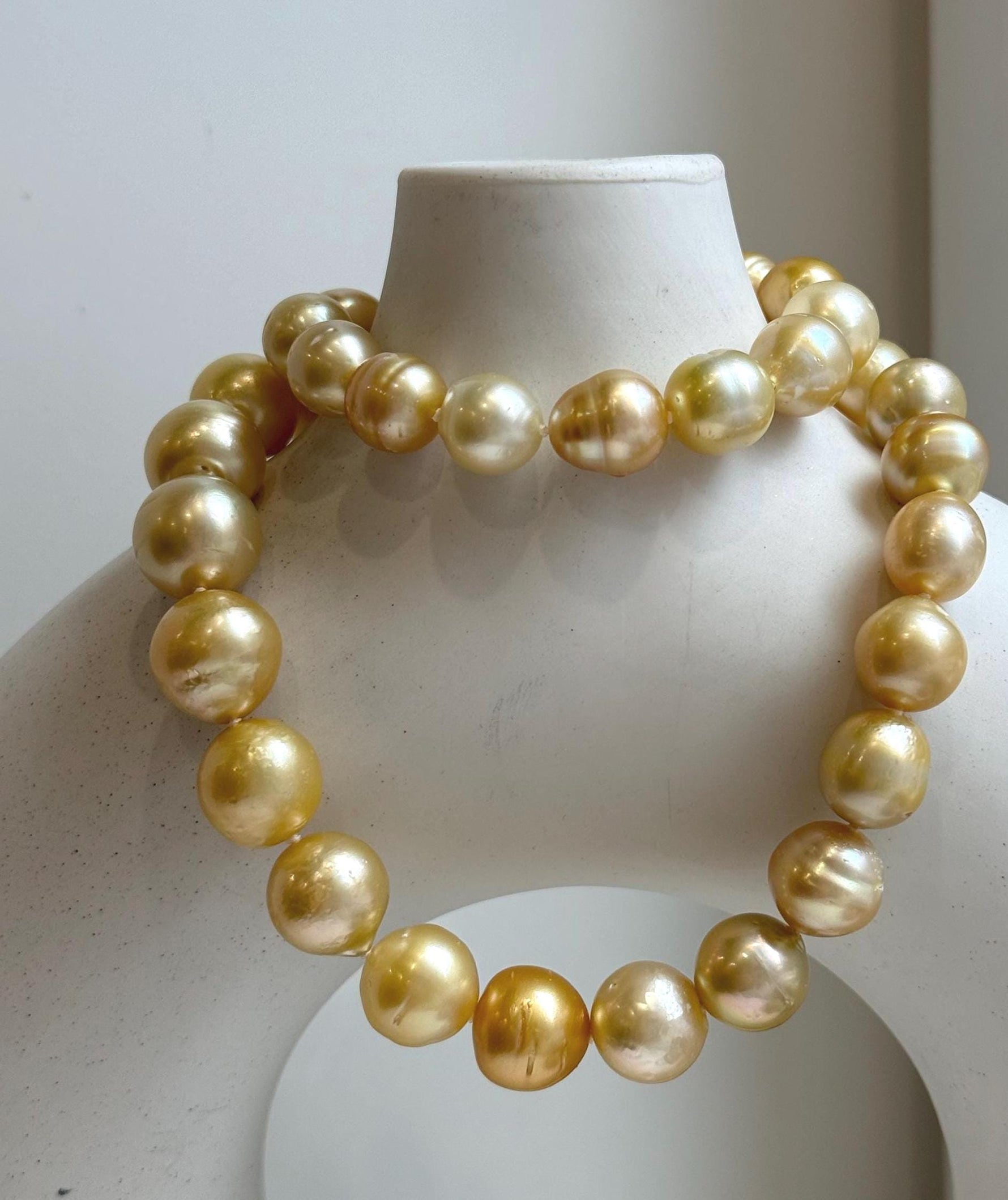 Elly’s 9.4-13.1mm 36pcs Genius natural South sea Golden Ocean Pearls Necklace: Extreme luster, 18.2” knotted, S925 silver necklace strand. high quality south sea golden pearls necklace for her