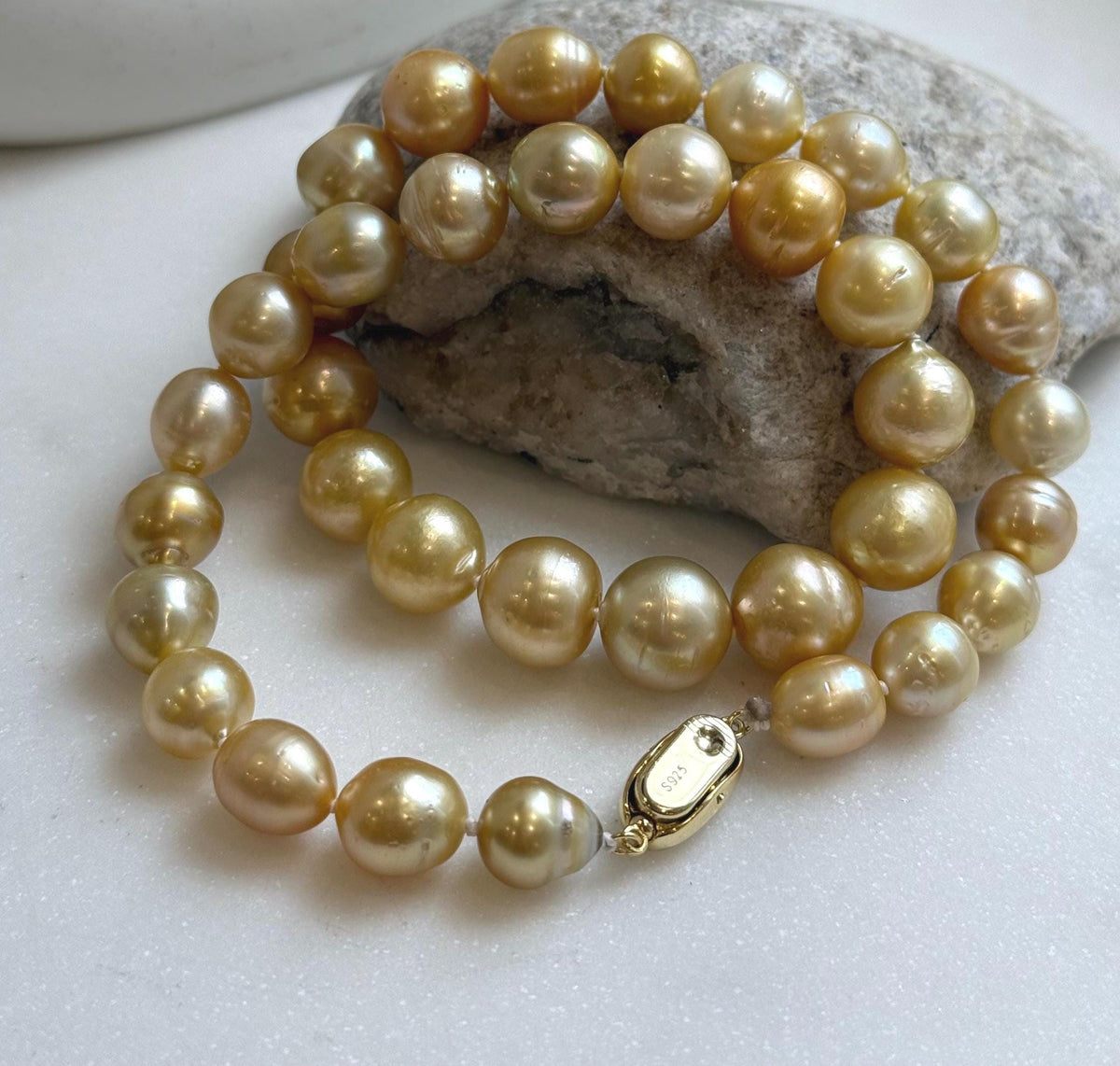 Elly’s 9.4-13.1mm 36pcs Genius natural South sea Golden Ocean Pearls Necklace: Extreme luster, 18.2” knotted, S925 silver necklace strand. high quality south sea golden pearls necklace for her