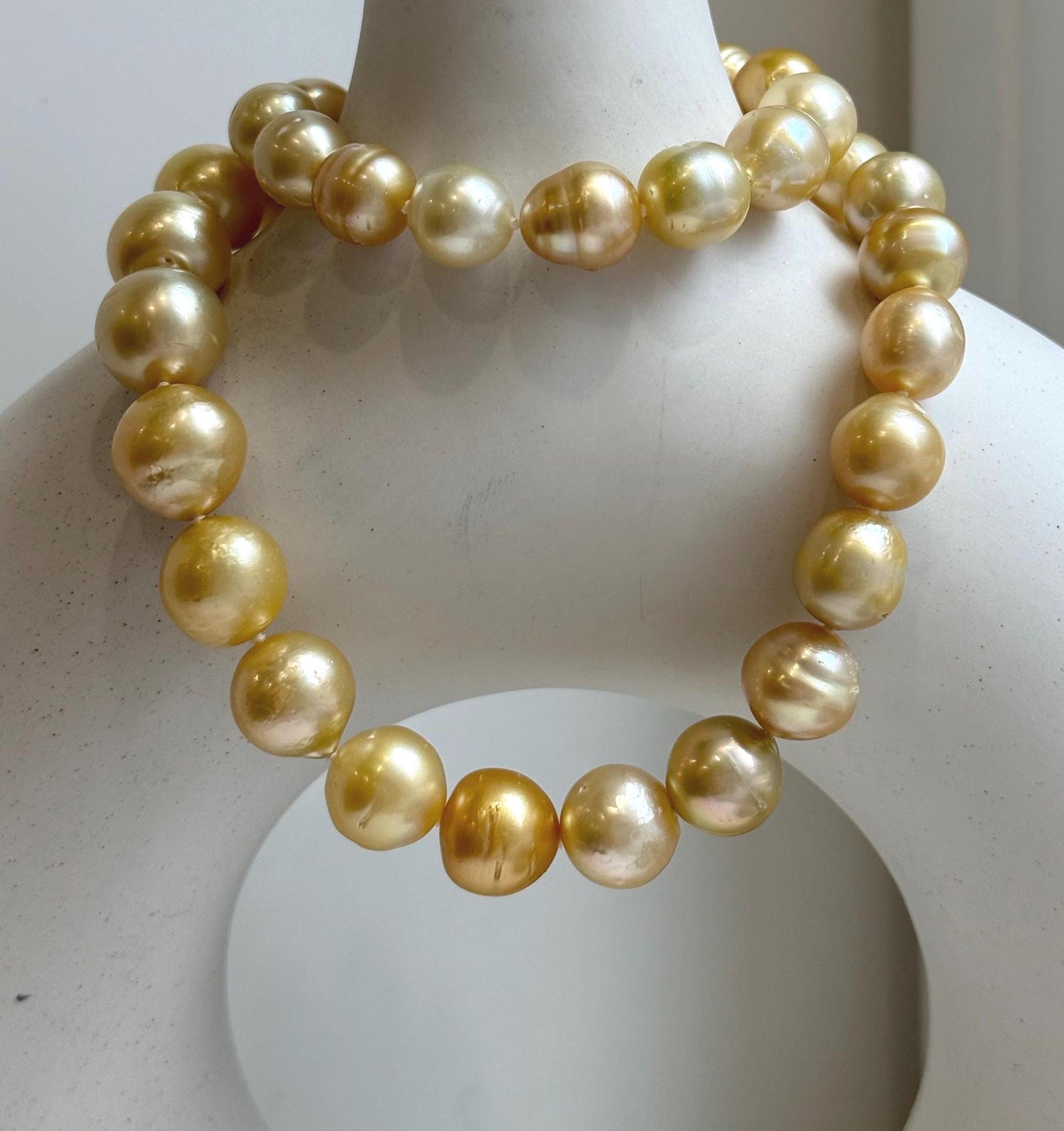 Elly’s 9.4-13.1mm 36pcs Genius natural South sea Golden Ocean Pearls Necklace: Extreme luster, 18.2” knotted, S925 silver necklace strand. high quality south sea golden pearls necklace for her