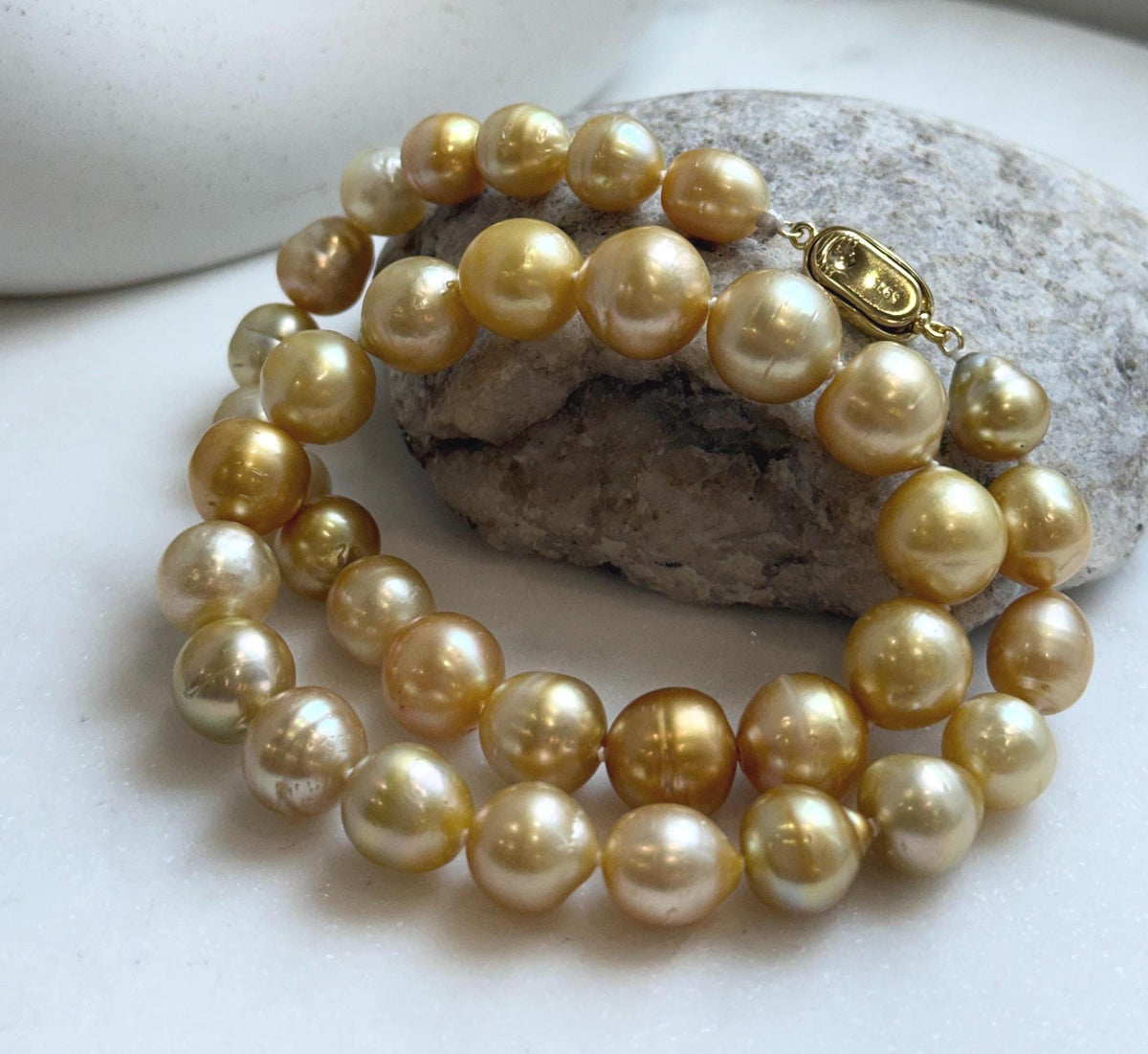 Elly’s 9.4-13.1mm 36pcs Genius natural South sea Golden Ocean Pearls Necklace: Extreme luster, 18.2” knotted, S925 silver necklace strand. high quality south sea golden pearls necklace for her