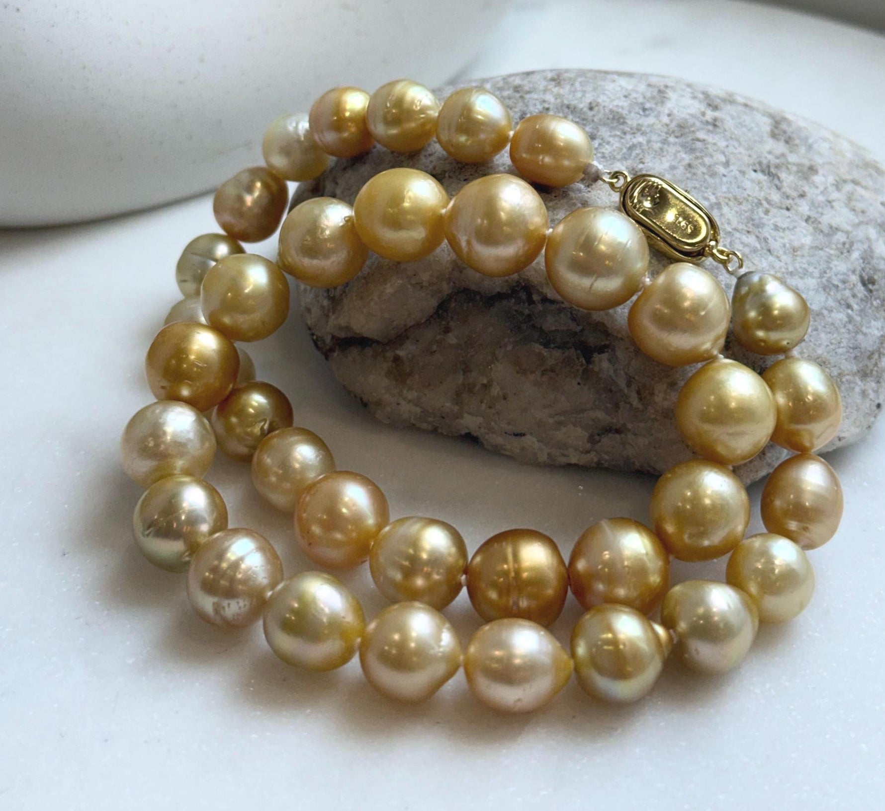 Elly’s 9.4-13.1mm 36pcs Genius natural South sea Golden Ocean Pearls Necklace: Extreme luster, 18.2” knotted, S925 silver necklace strand. high quality south sea golden pearls necklace for her