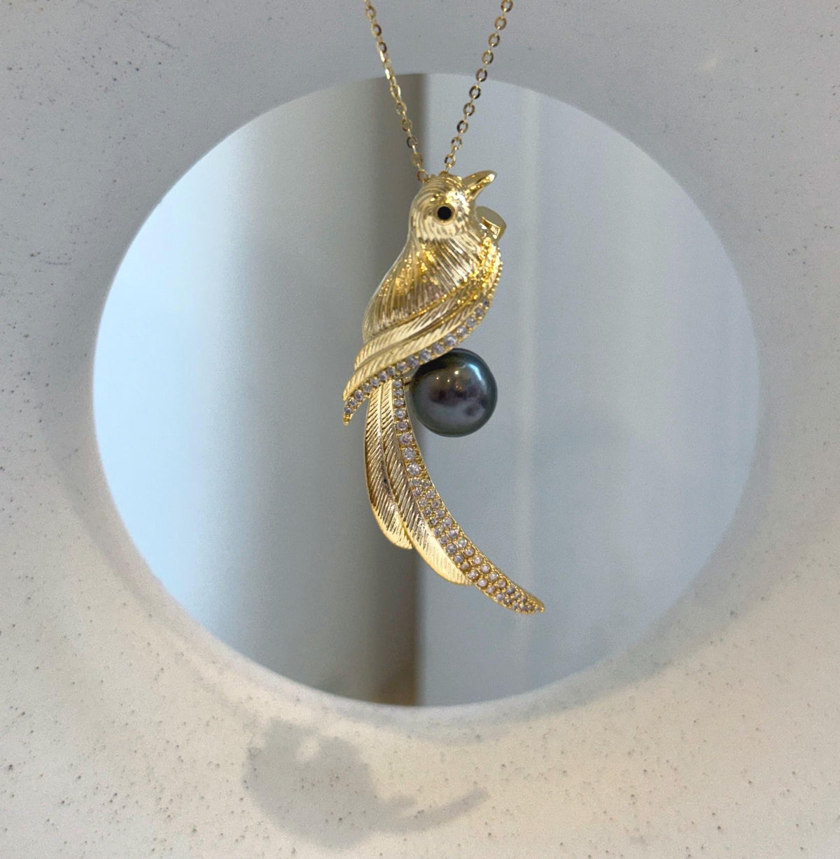 Elly’s Tahitian peacock hunter Ocean Pearl Bird Brooch pendant 2in1: Extreme luster mirrored, 9.1mm, 1.7x5cm, gift for her