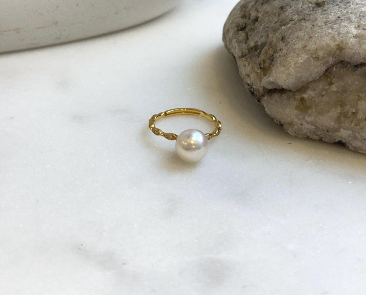 Elly’s 8.1mm Akoya ivory ocean pearl Ring: Extreme luster mirrored, s925 silver adjustable ring. Pearl Jewelry Idea. gift for her holiday