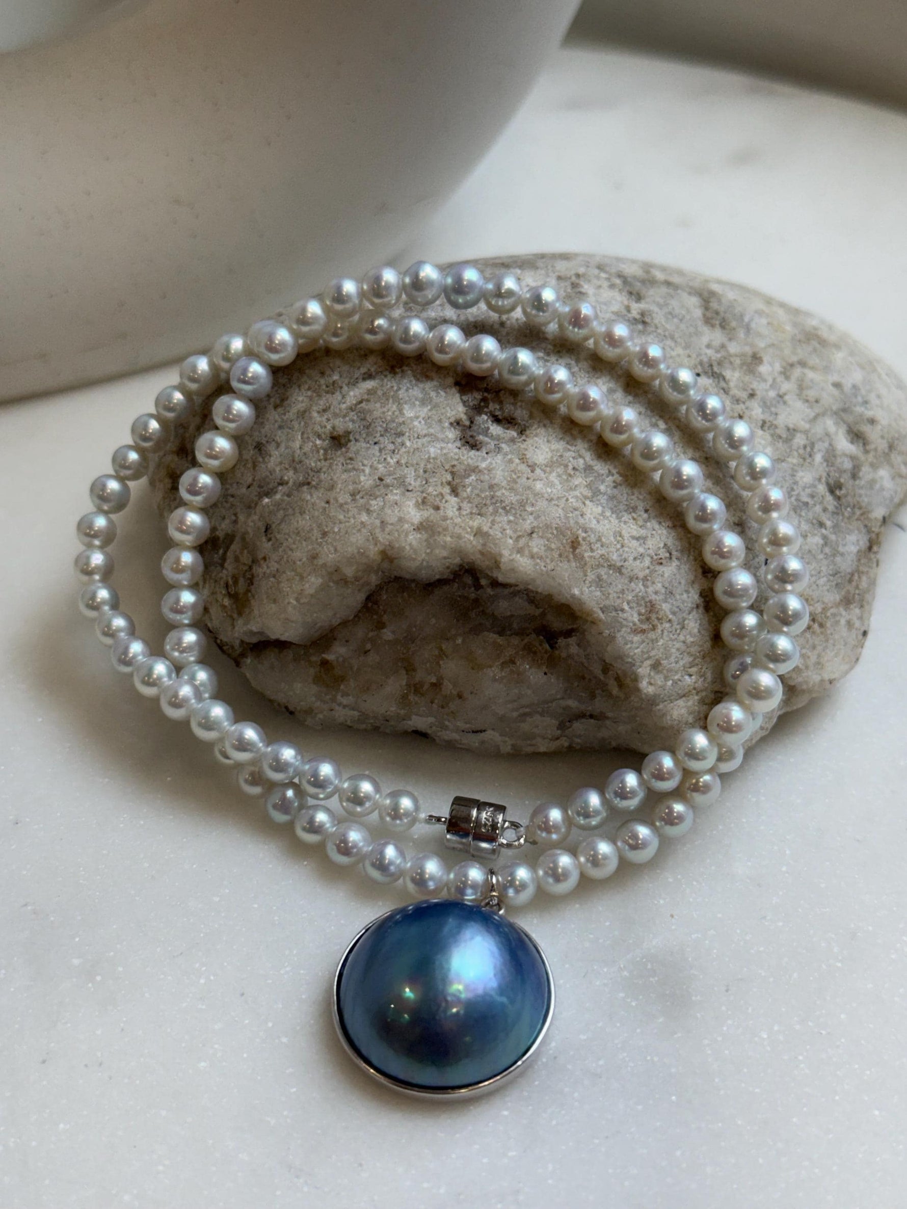 Elly’s 21mm Genius natural Ocean Mabe Pearl Freshwater Necklace set: Extreme luster, 17”, S925 silver necklace strand.high quality ocean Mabe Pearl pendant necklace for her holiday
