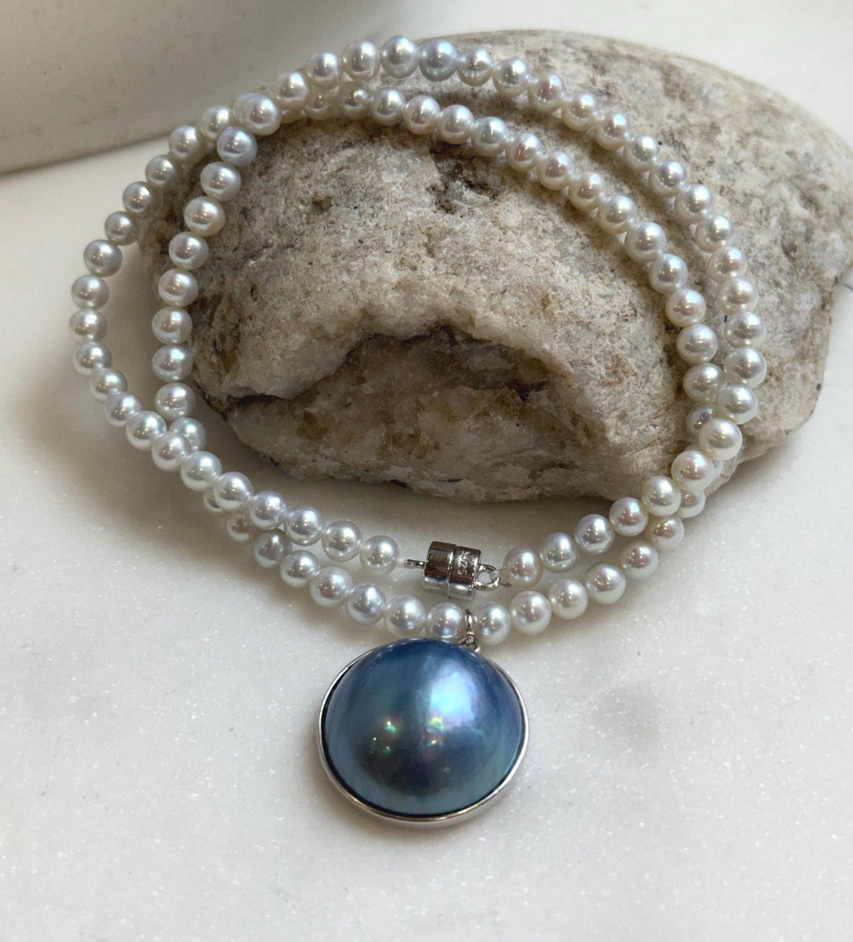 Elly’s 21mm Genius natural Ocean Mabe Pearl Freshwater Necklace set: Extreme luster, 17”, S925 silver necklace strand.high quality ocean Mabe Pearl pendant necklace for her