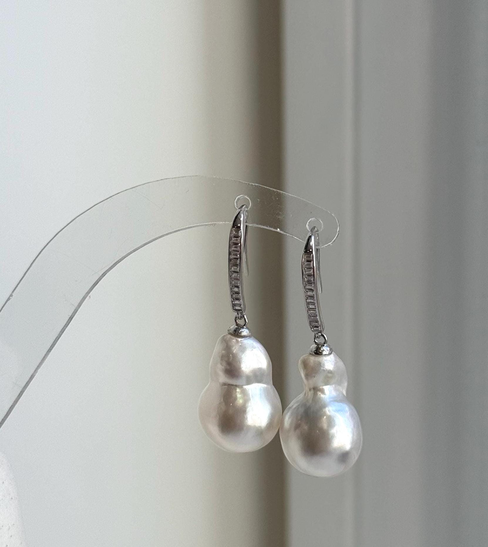 Elly’s Australian ocean white  Pearls dazzling earrings hooks: Extreme luster mirrored, To 18.8mm, s925 silver earrings. gift for her