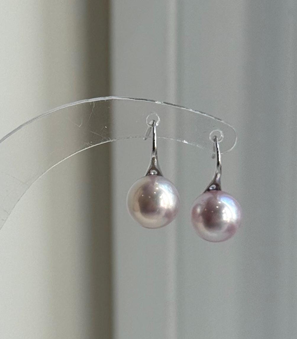 Elly’s 9.1mm Edison metallic pink Pearls High heel Earrings Hooks: Extreme luster Mirrored, 1.8cm high, S925 silver earrings. gift for her holiday